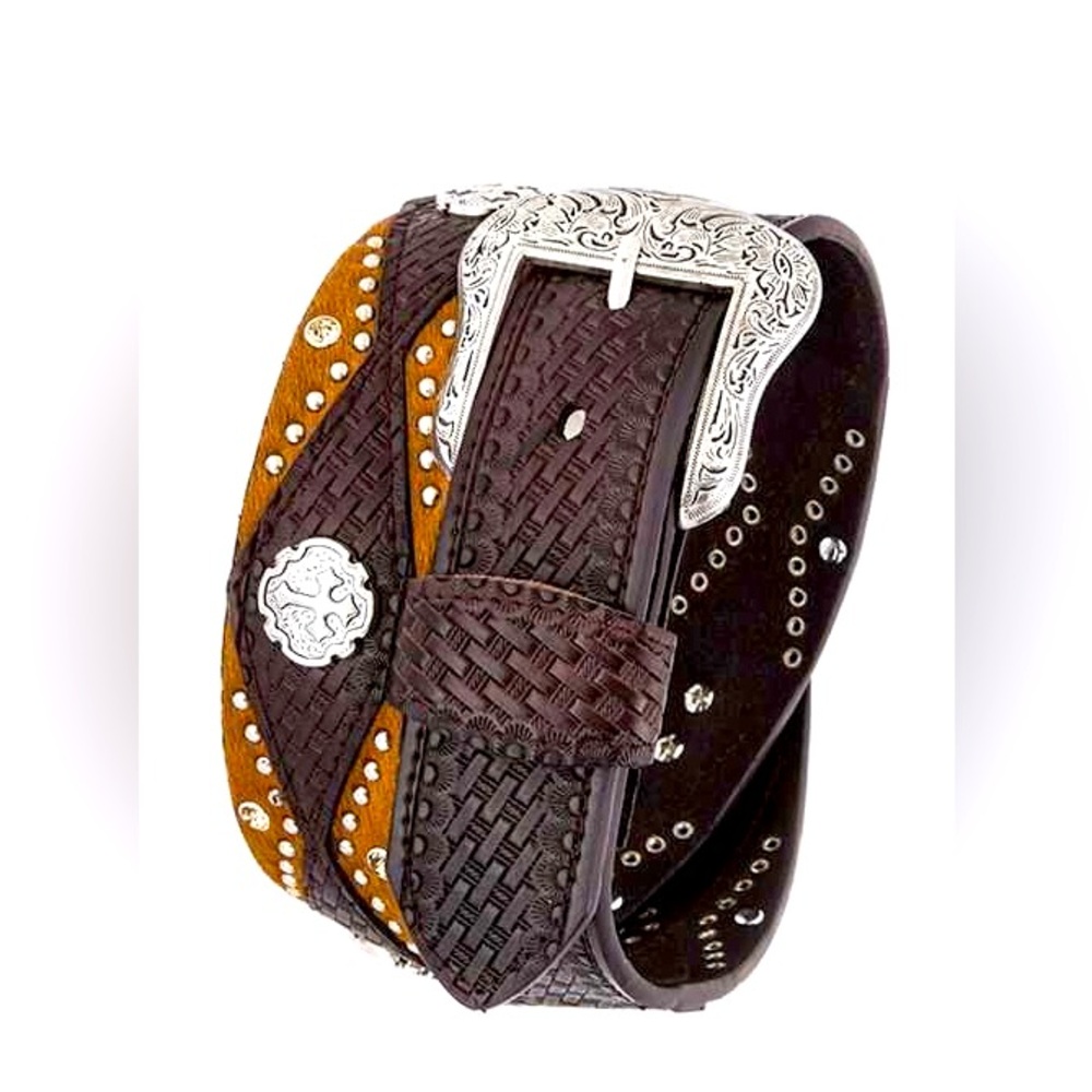Genuine Leather Brown 2 -Tone Mix Concho Grommet Statement Belt